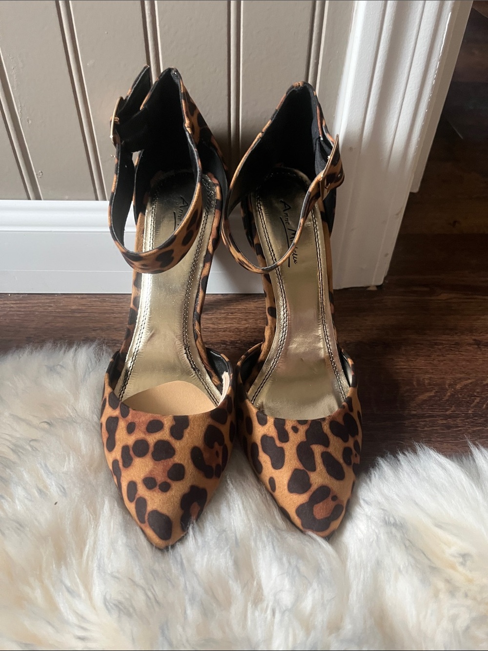NEW Ann Michell Leopard Print Pointed-Toe Ankle Strap Heels - Brown/Black